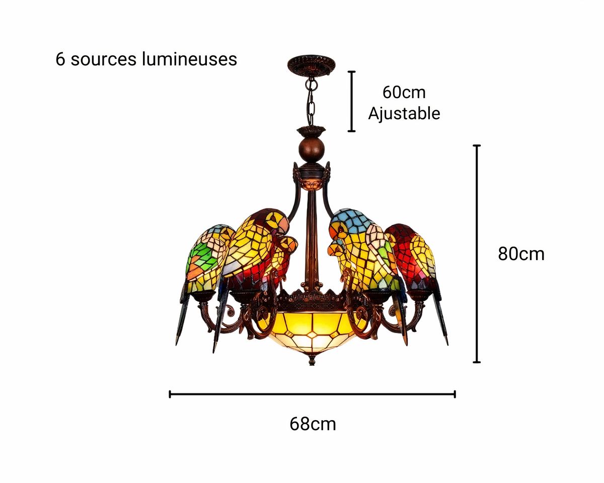 Lustre art déco chandelier aux perroquets en verre, vue 5