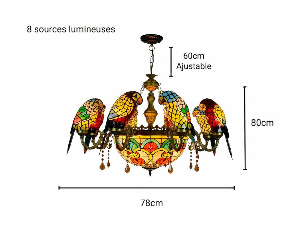 Lustre art déco chandelier aux perroquets en verre, vue 6
