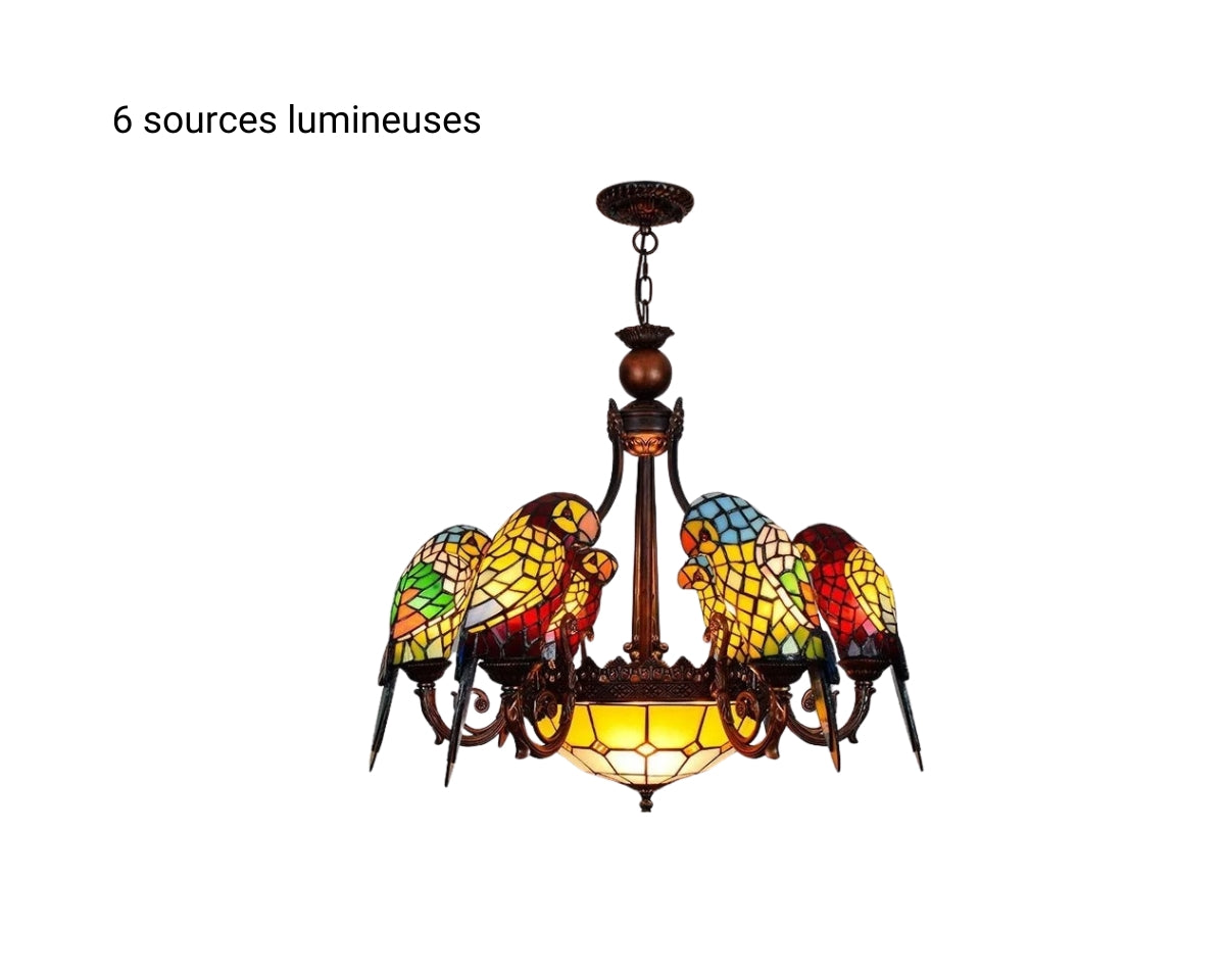 Lustre art déco chandelier aux perroquets en verre, vue 7