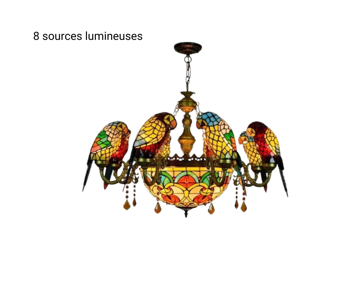 Lustre art déco chandelier aux perroquets en verre, vue 8