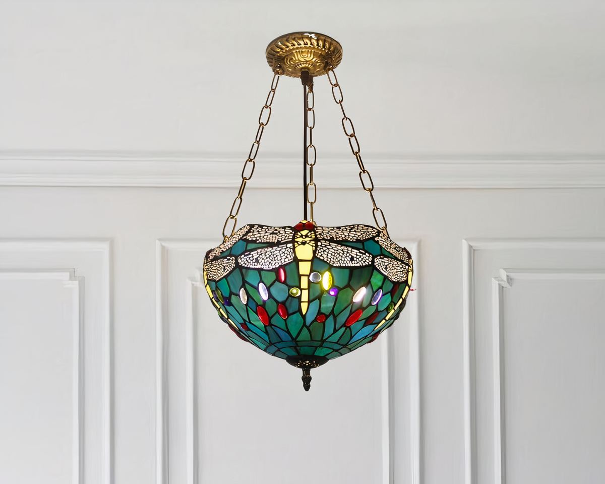 Lustre art déco en vitrail motif libellule vert