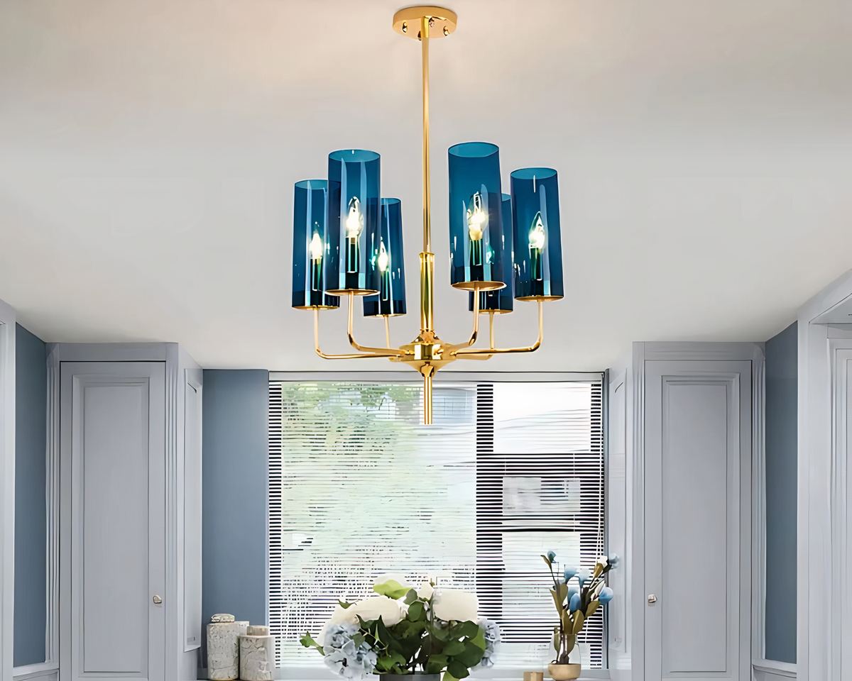Lustre art déco chandelier en verre bleu canard, vue 4
