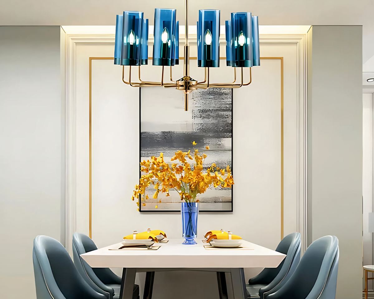 Lustre art déco chandelier en verre bleu canard, vue 5