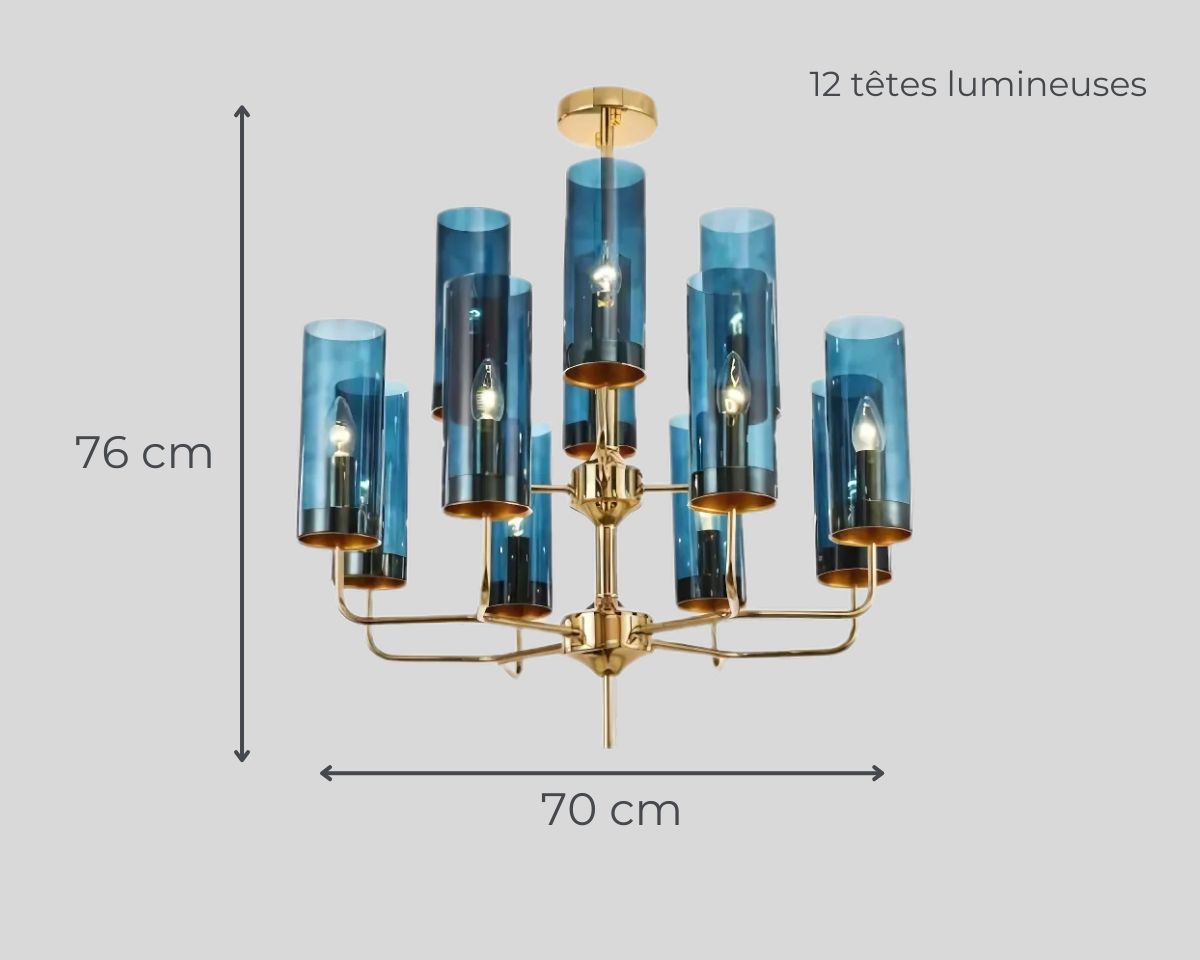 Lustre art déco chandelier en verre bleu canard, vue 11