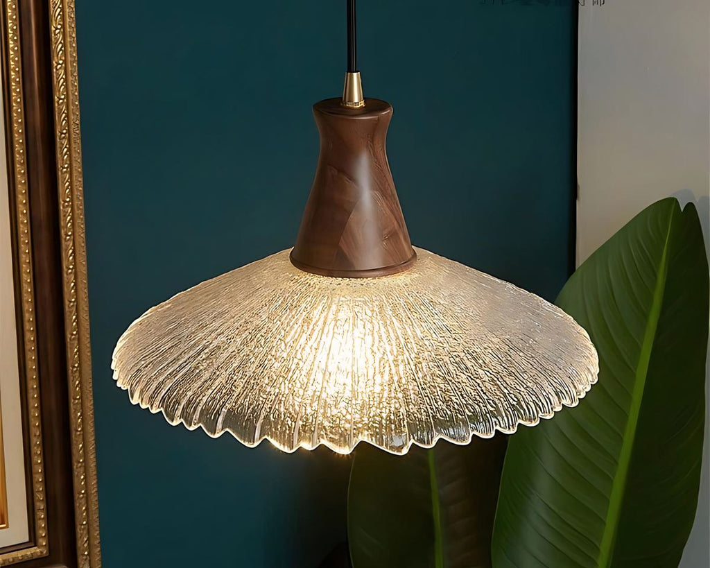 Lustre en bois et abat-jour verre chapeau rétro années 60, vue 8