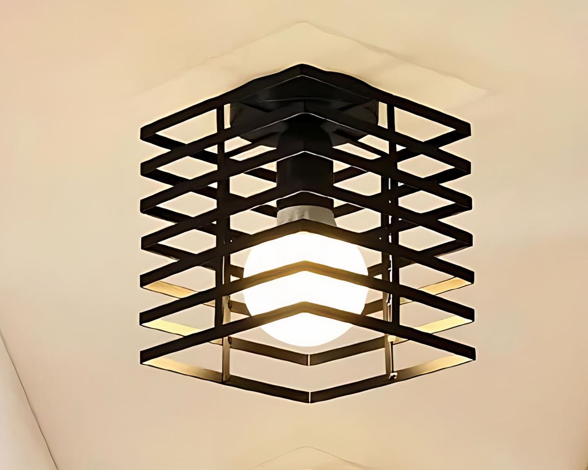 Lustre industriel plafonnier cage carrée noire