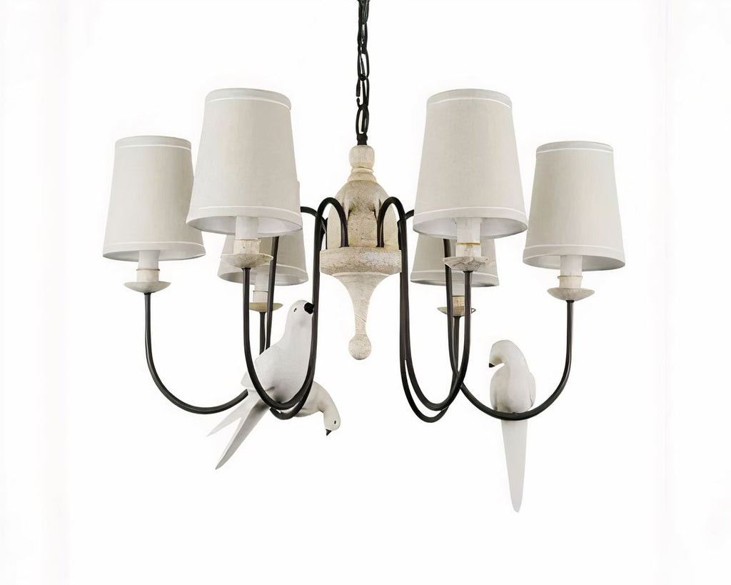 Lustre campagne à abat-jours en tissu et oiseaux perchés, vue 4