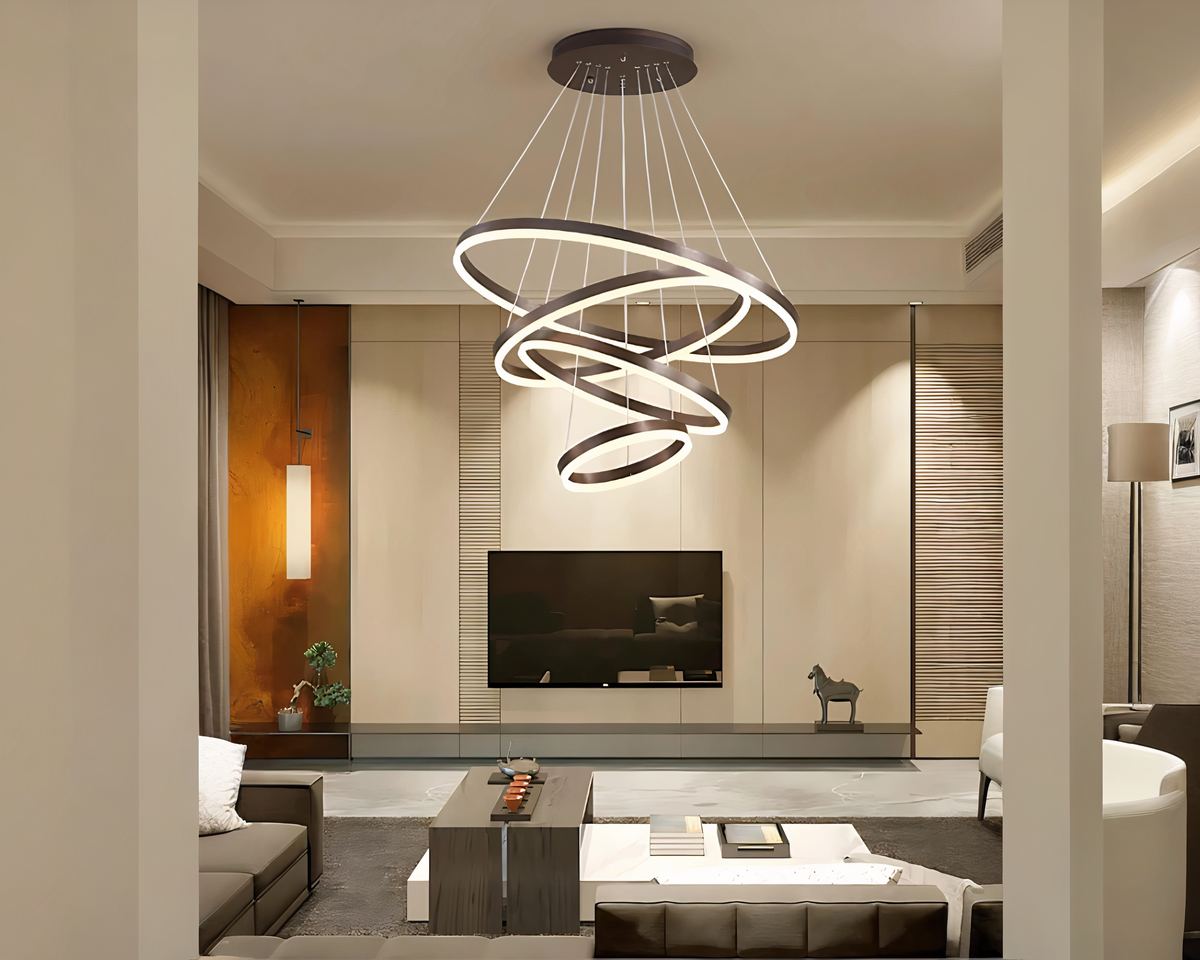 Grand lustre à cercles modulables en aluminium marron, vue 2