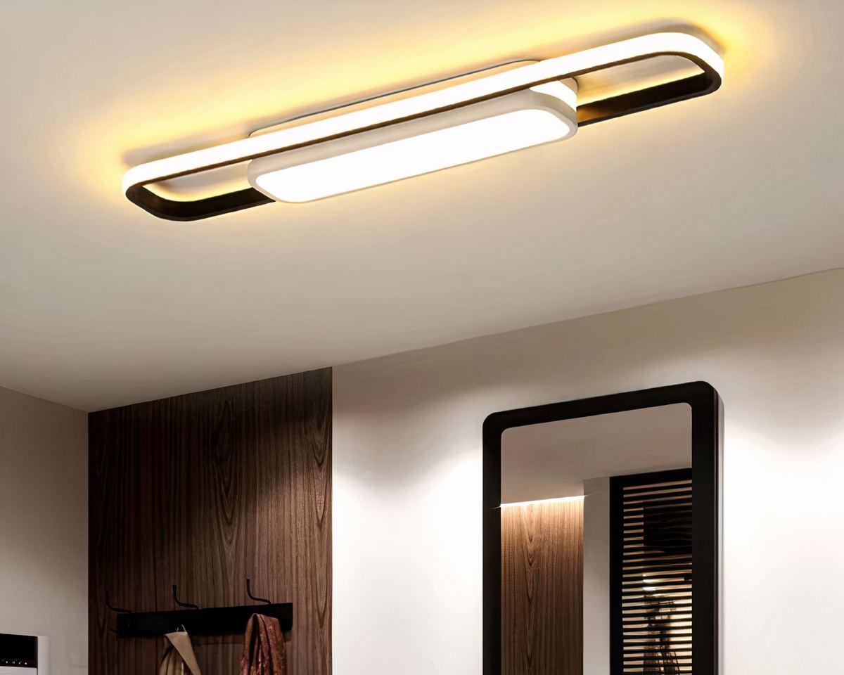 Lustre entrée plat rectangulaire XXL bois et blanc, vue 4