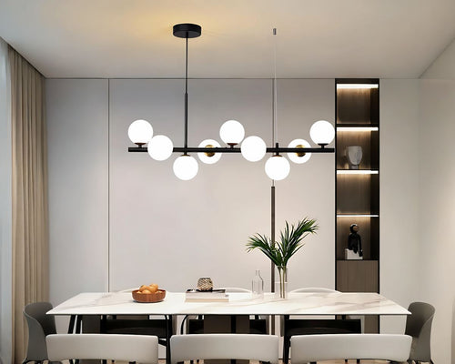 Grand lustre barre à neuf globes en verre laiteux