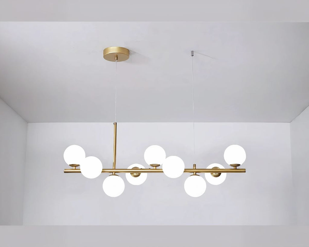 Grand lustre barre à neuf globes en verre laiteux, vue 5