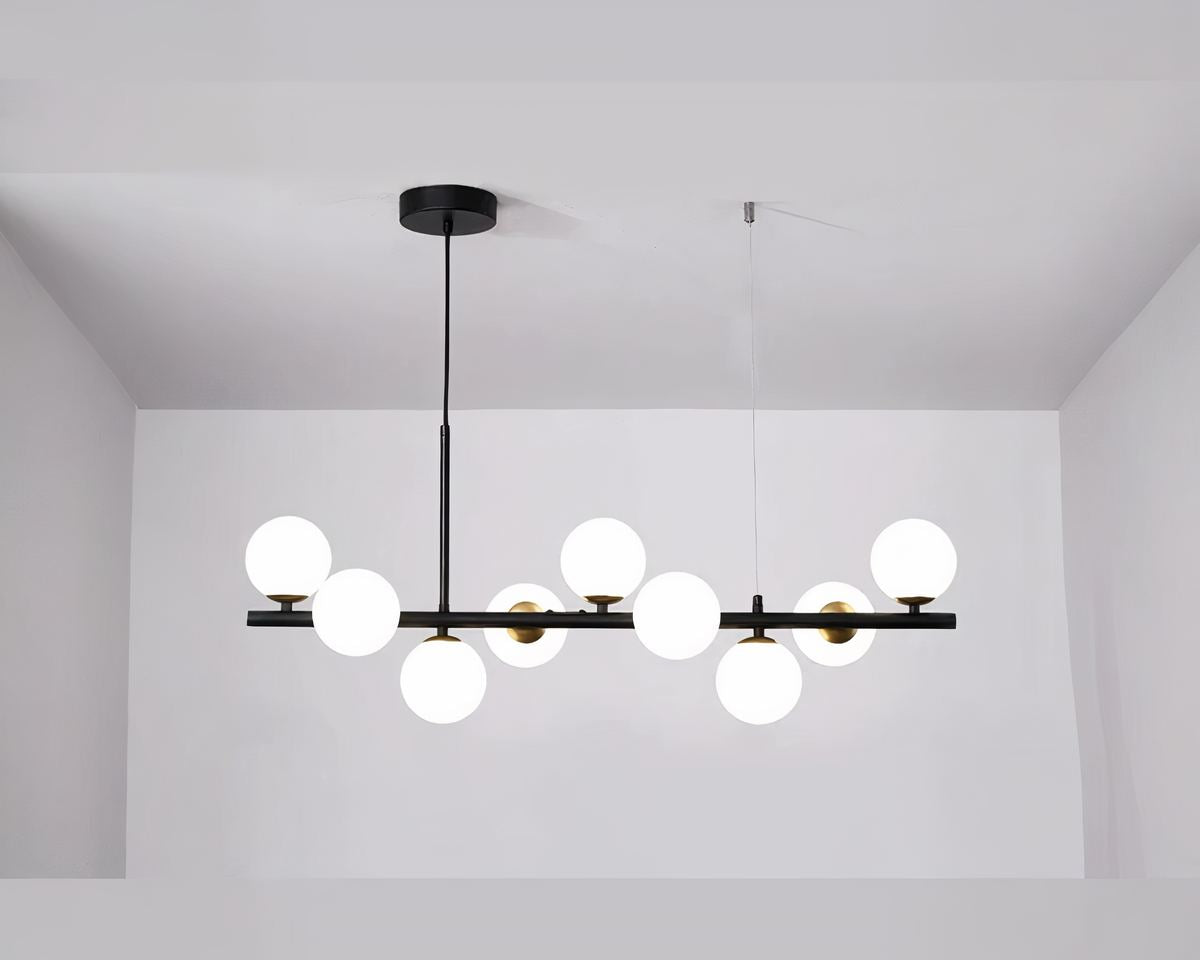 Grand lustre barre à neuf globes en verre laiteux, vue 6