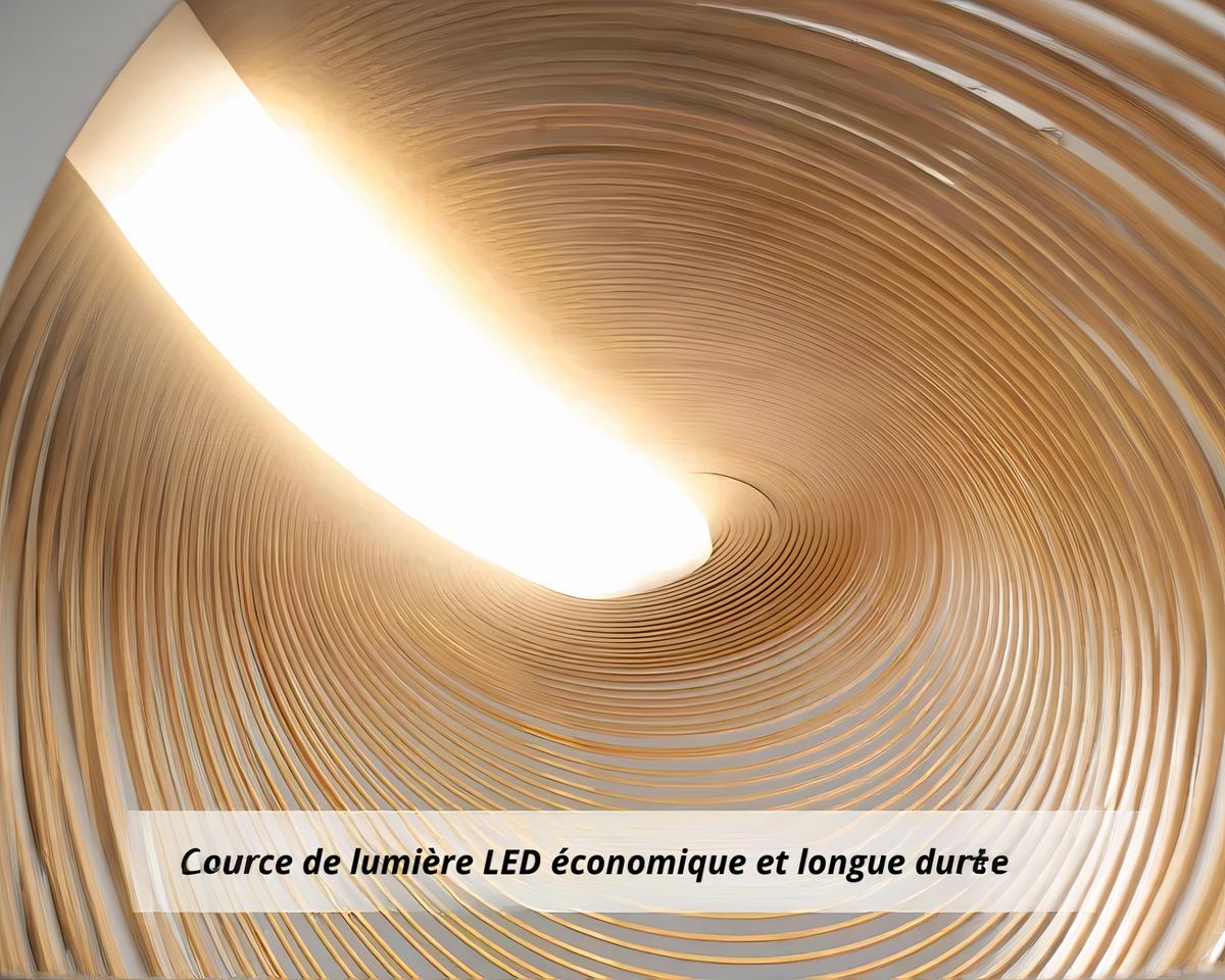 Grand lustre à anneaux de bois et barre LED, vue 2