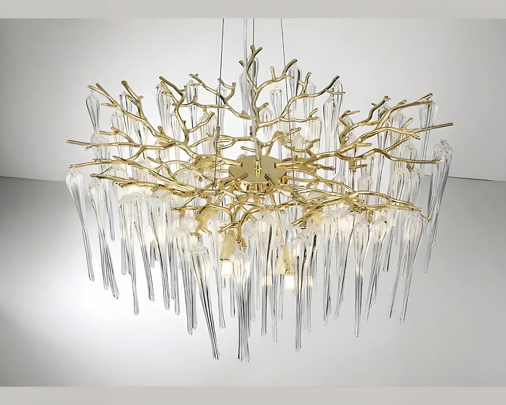 Lustre doré ramure de branches et longues pampilles, vue 2