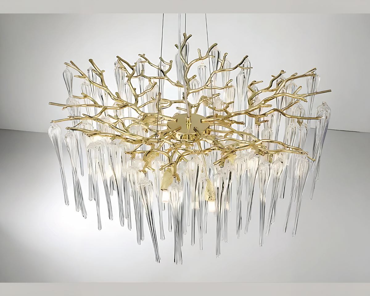 Lustre doré ramure de branches et longues pampilles, vue 2