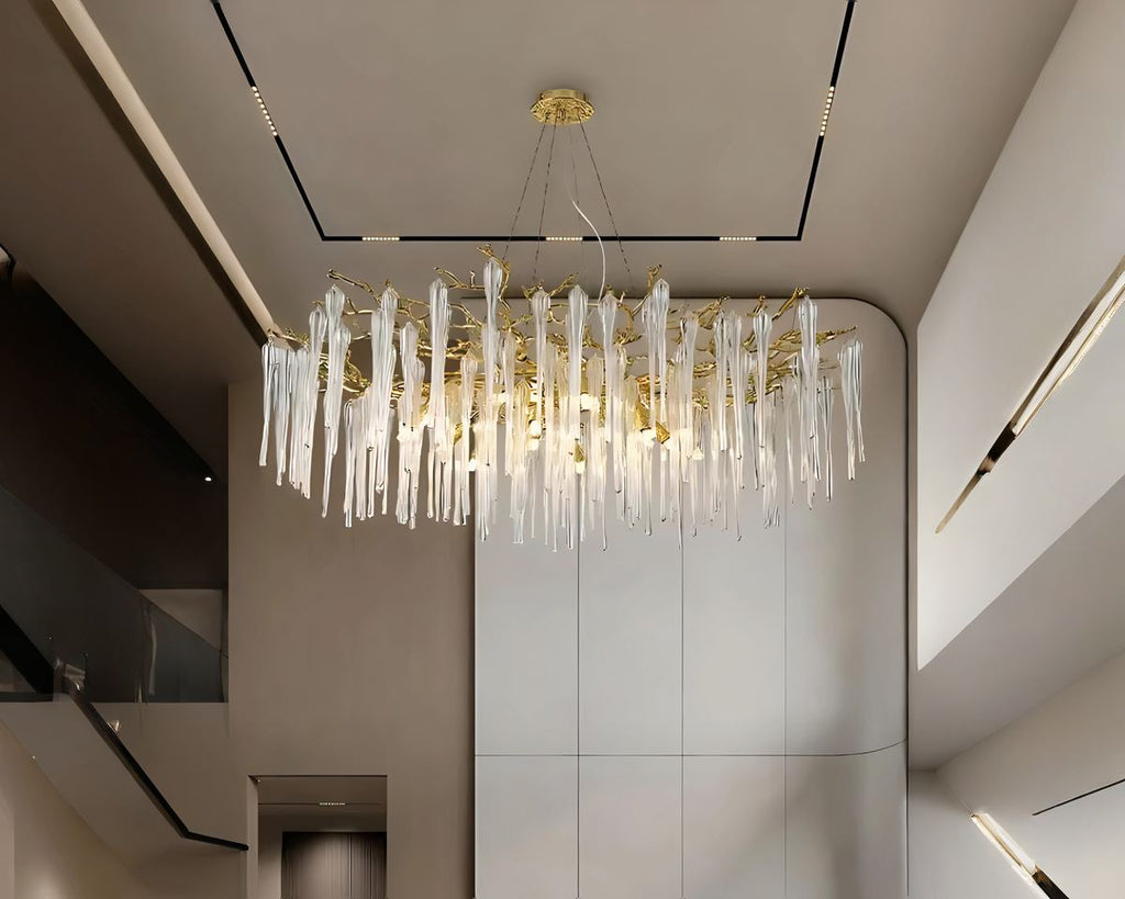 Lustre doré ramure de branches et longues pampilles, vue 4