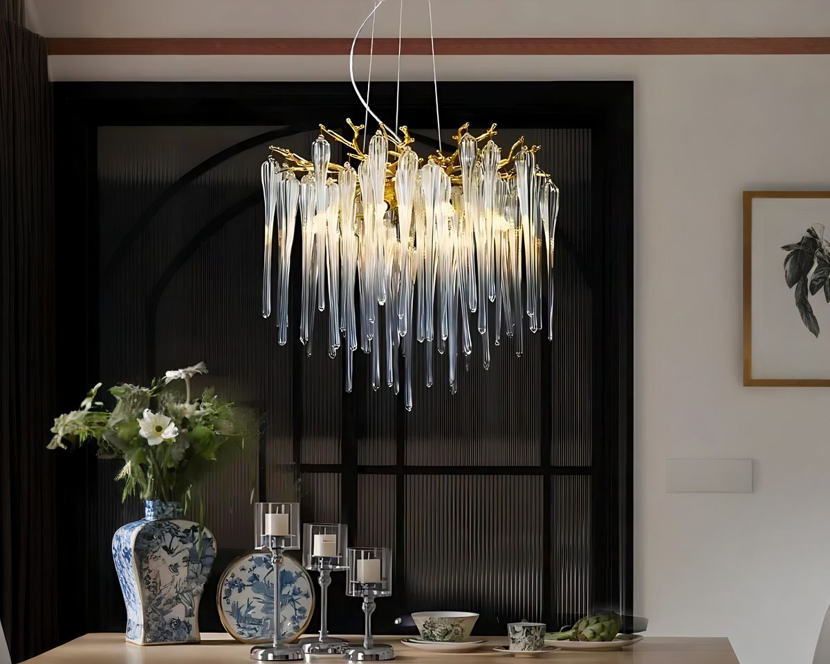 Lustre doré ramure de branches et longues pampilles, vue 5