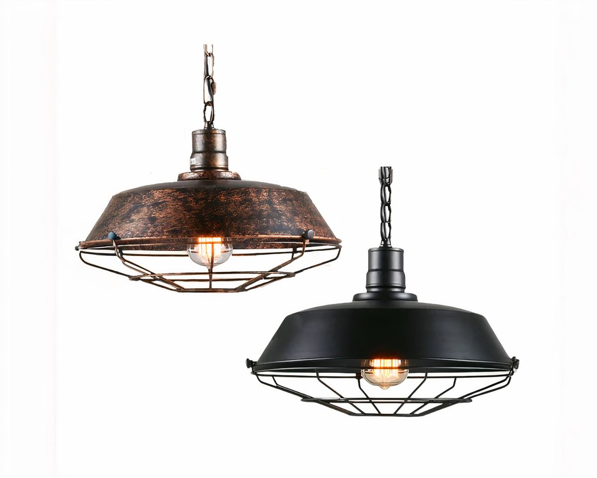 Lustre industriel cage vintage marron ou noire, vue 2