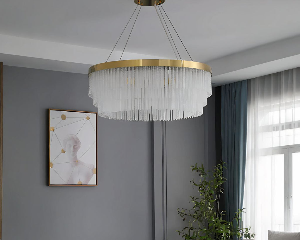 Lustre doré à bâtonnets de cristal rond ou ovale