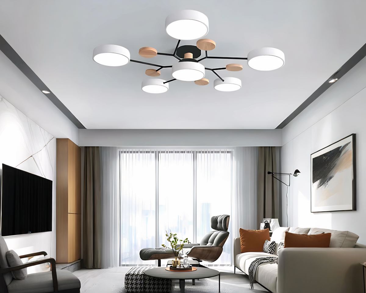 Lustre en bois plafonnier à anneaux LED scandinave