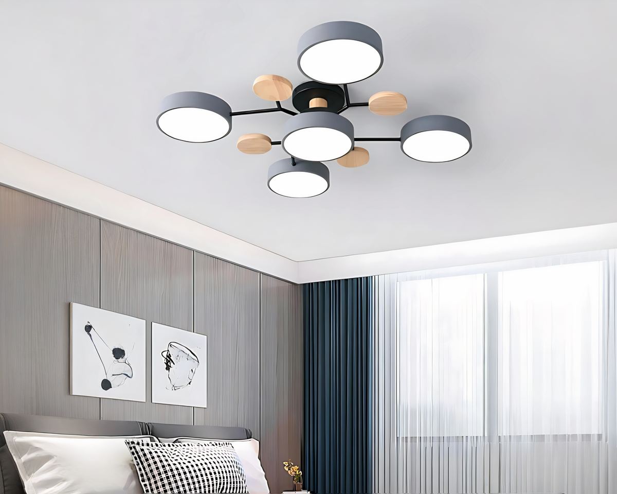 Lustre en bois plafonnier à anneaux LED scandinave, vue 3