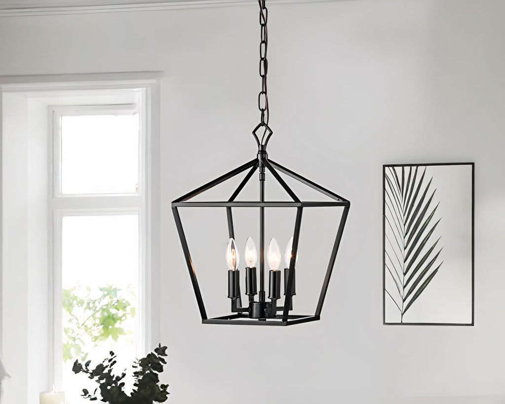 Lustre industriel cage noire à quatre bougies